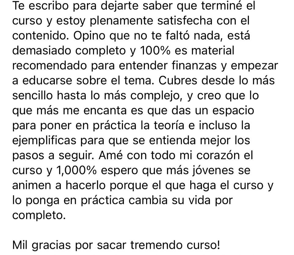 Mensaje de una miembro: terminó el curso plenamente satisfecha y lo recomienda 100%.